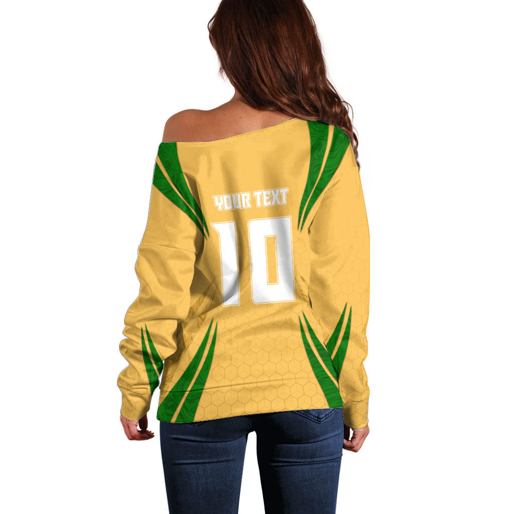 Personalized Australia Soccer Kangaroo Off Shoulder Sweater Gold Green Aussie Football Mascot Dynamic Sports Graphic