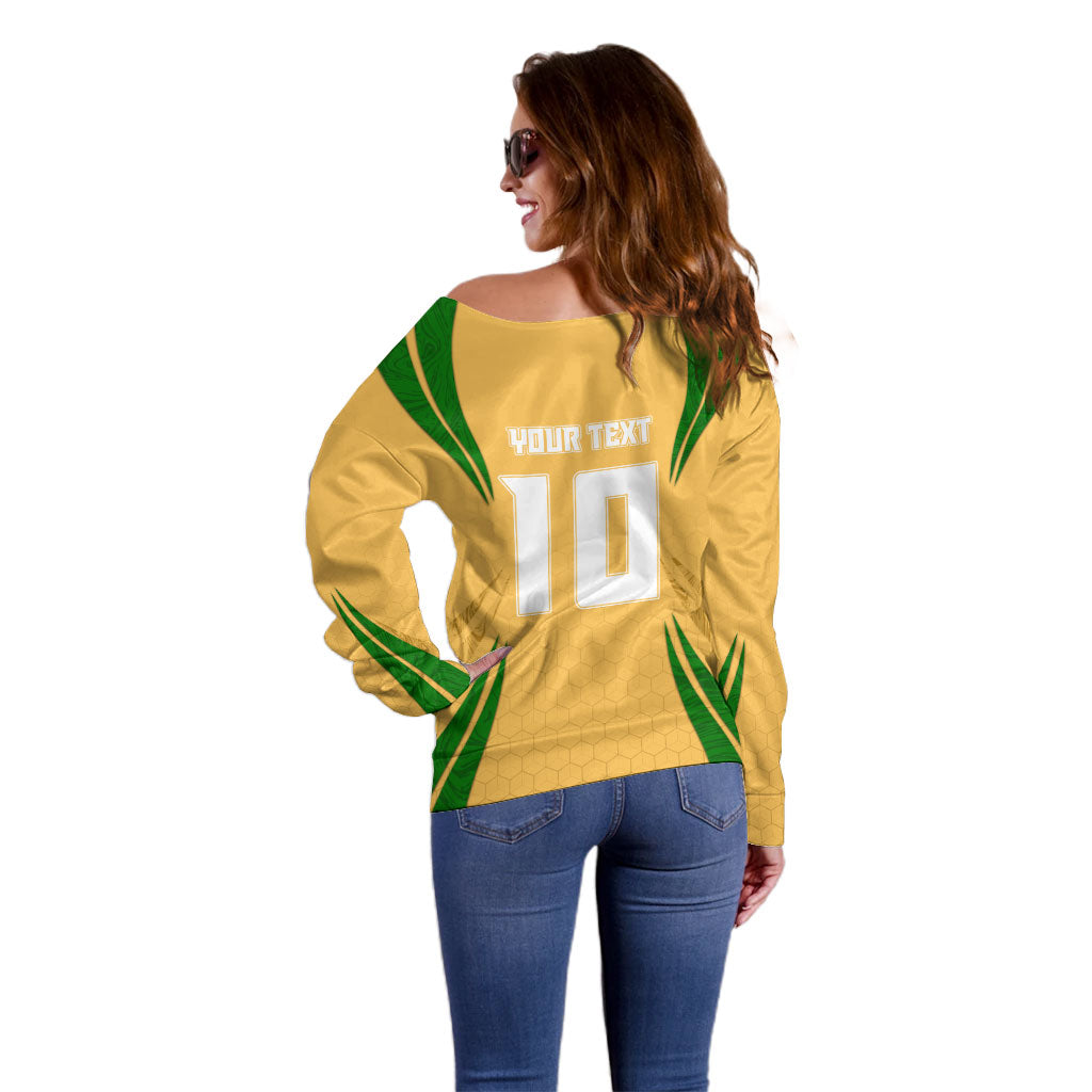 Personalized Australia Soccer Kangaroo Off Shoulder Sweater Gold Green Aussie Football Mascot Dynamic Sports Graphic
