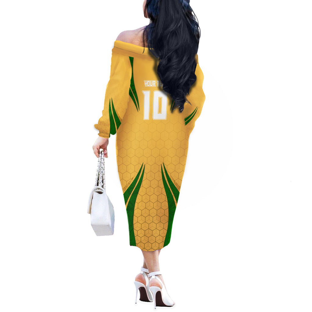 Personalized Australia Soccer Kangaroo Off The Shoulder Long Sleeve Dress Gold Green Aussie Football Mascot Dynamic Sports Graphic