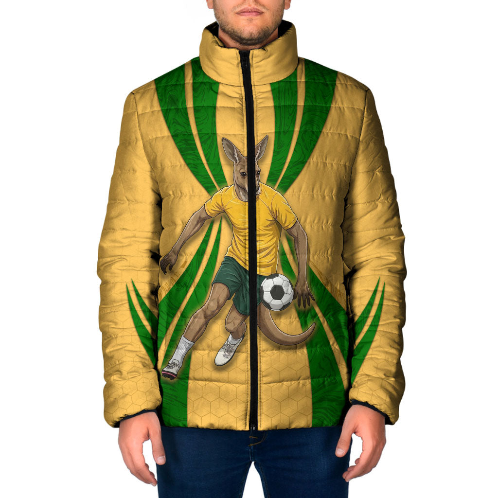 Personalized Australia Soccer Kangaroo Padded Jacket Gold Green Aussie Football Mascot Dynamic Sports Graphic