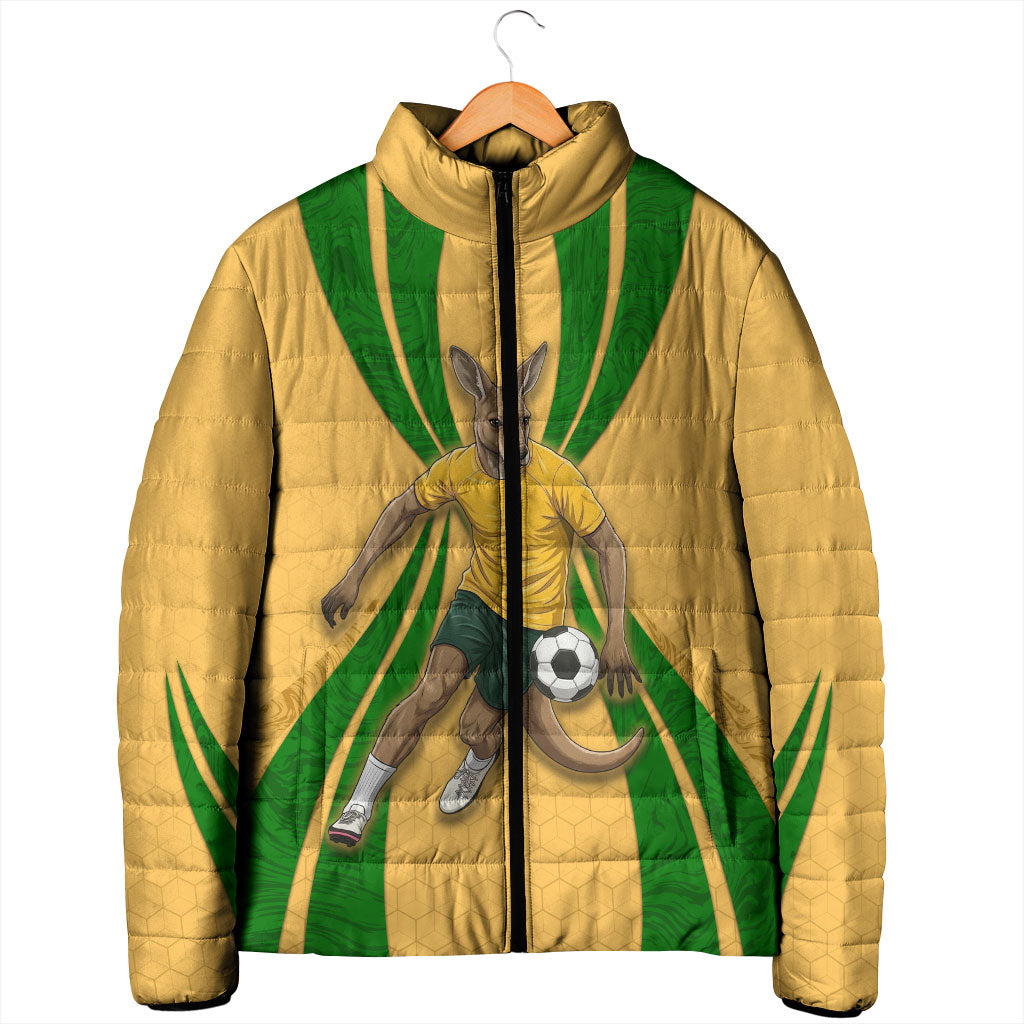 Personalized Australia Soccer Kangaroo Padded Jacket Gold Green Aussie Football Mascot Dynamic Sports Graphic