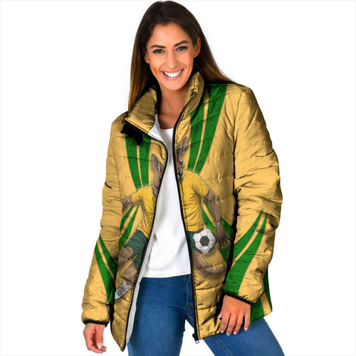 Personalized Australia Soccer Kangaroo Padded Jacket Gold Green Aussie Football Mascot Dynamic Sports Graphic