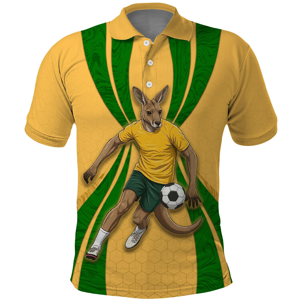Personalized Australia Soccer Kangaroo Polo Shirt Gold Green Aussie Football Mascot Dynamic Sports Graphic