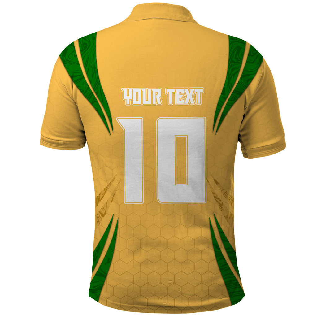Personalized Australia Soccer Kangaroo Polo Shirt Gold Green Aussie Football Mascot Dynamic Sports Graphic