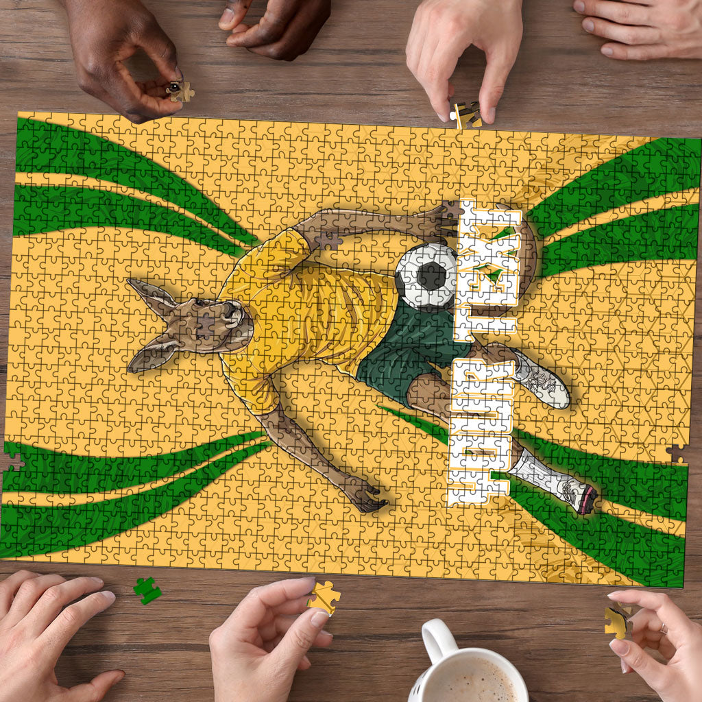 Personalized Australia Soccer Kangaroo Puzzle Gold Green Aussie Football Mascot Dynamic Sports Graphic