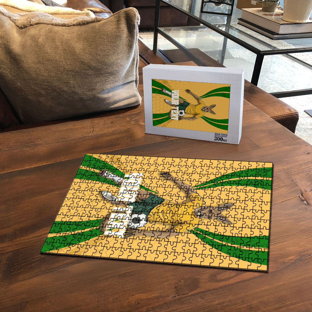 Personalized Australia Soccer Kangaroo Puzzle Gold Green Aussie Football Mascot Dynamic Sports Graphic