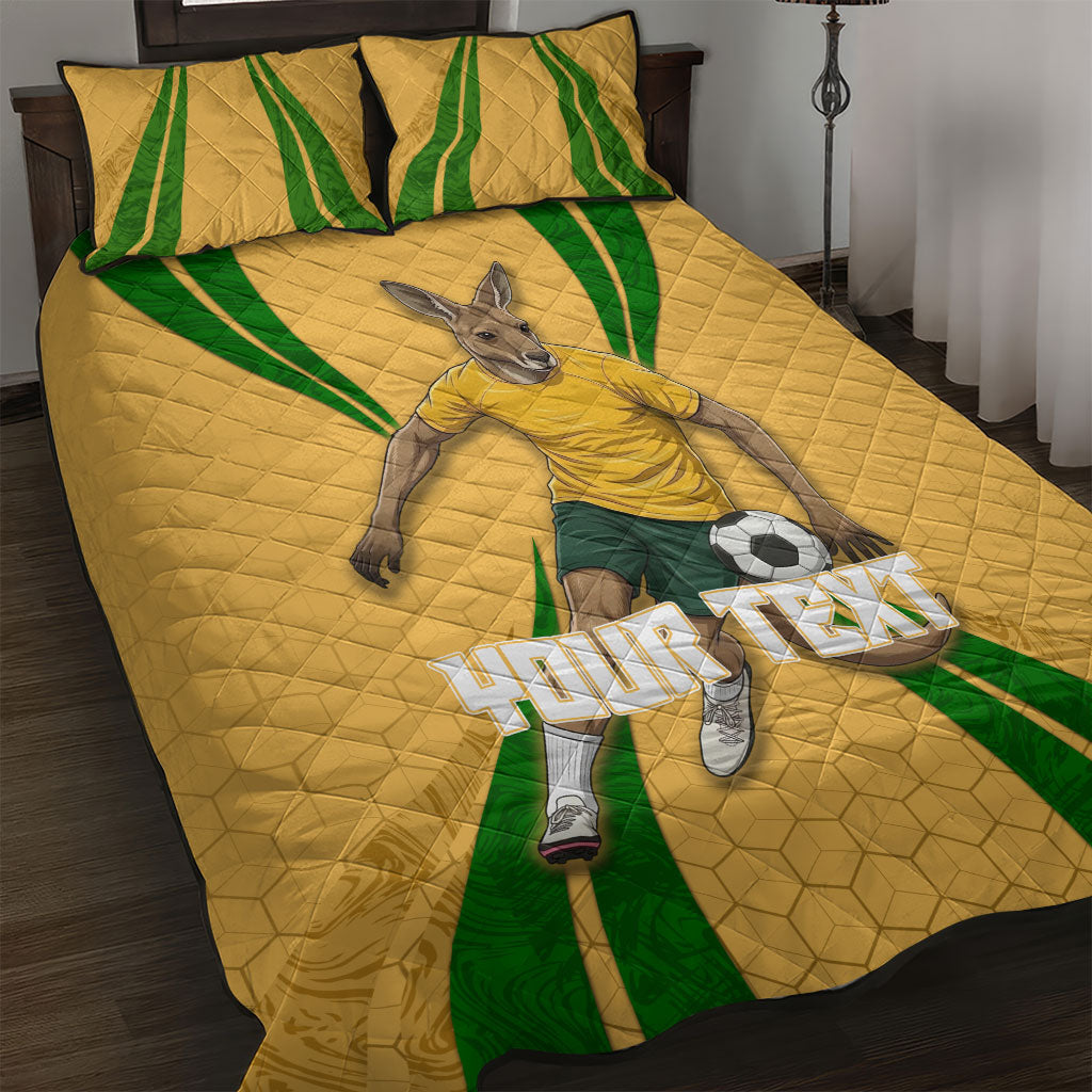 Personalized Australia Soccer Kangaroo Quilt Bed Set Gold Green Aussie Football Mascot Dynamic Sports Graphic