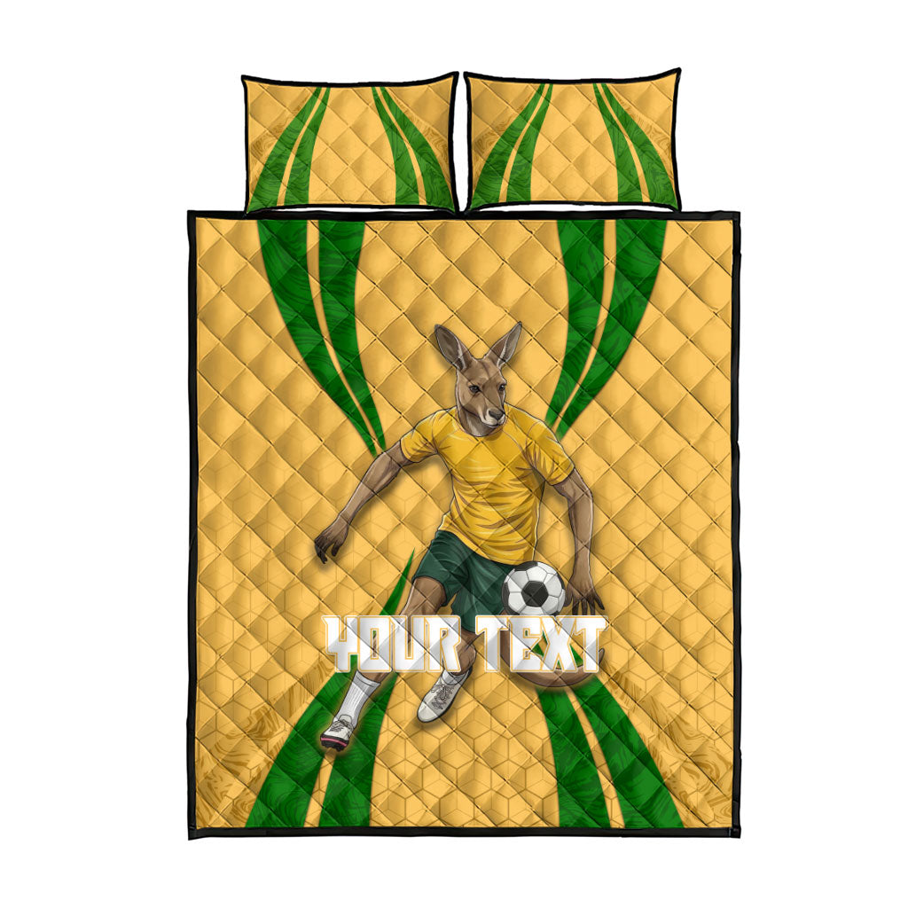 Personalized Australia Soccer Kangaroo Quilt Bed Set Gold Green Aussie Football Mascot Dynamic Sports Graphic