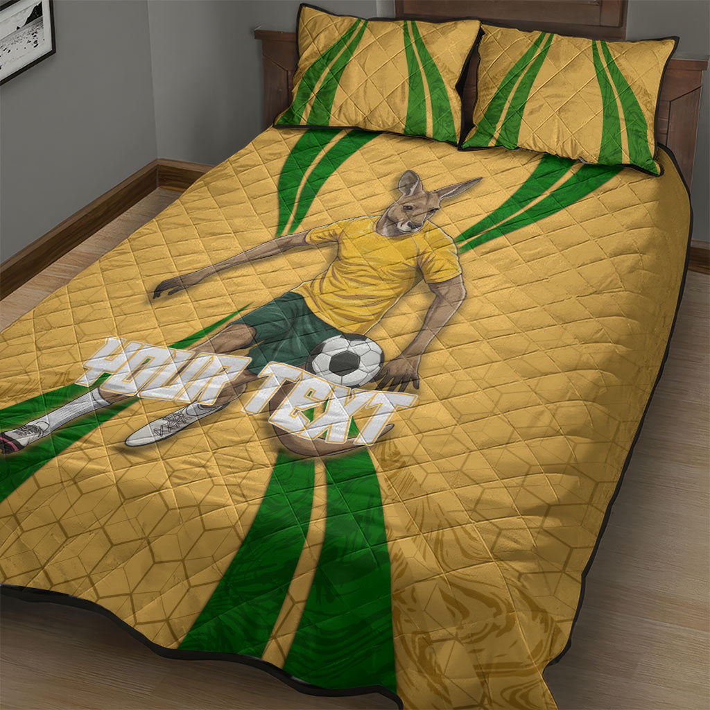 Personalized Australia Soccer Kangaroo Quilt Bed Set Gold Green Aussie Football Mascot Dynamic Sports Graphic
