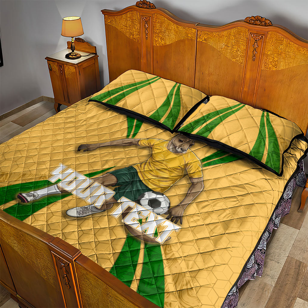 Personalized Australia Soccer Kangaroo Quilt Bed Set Gold Green Aussie Football Mascot Dynamic Sports Graphic