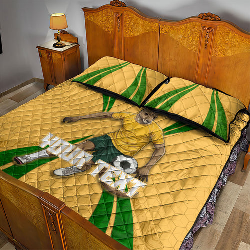 Personalized Australia Soccer Kangaroo Quilt Bed Set Gold Green Aussie Football Mascot Dynamic Sports Graphic