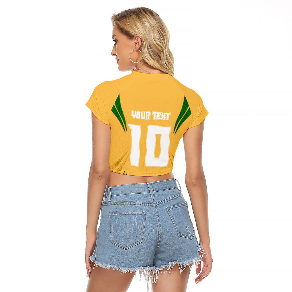 Personalized Australia Soccer Kangaroo Raglan Cropped T Shirt Gold Green Aussie Football Mascot Dynamic Sports Graphic
