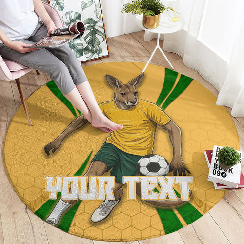 Personalized Australia Soccer Kangaroo Round Carpet Gold Green Aussie Football Mascot Dynamic Sports Graphic