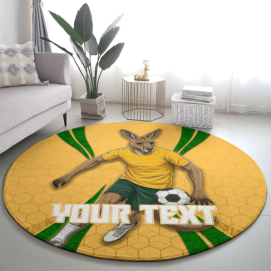 Personalized Australia Soccer Kangaroo Round Carpet Gold Green Aussie Football Mascot Dynamic Sports Graphic