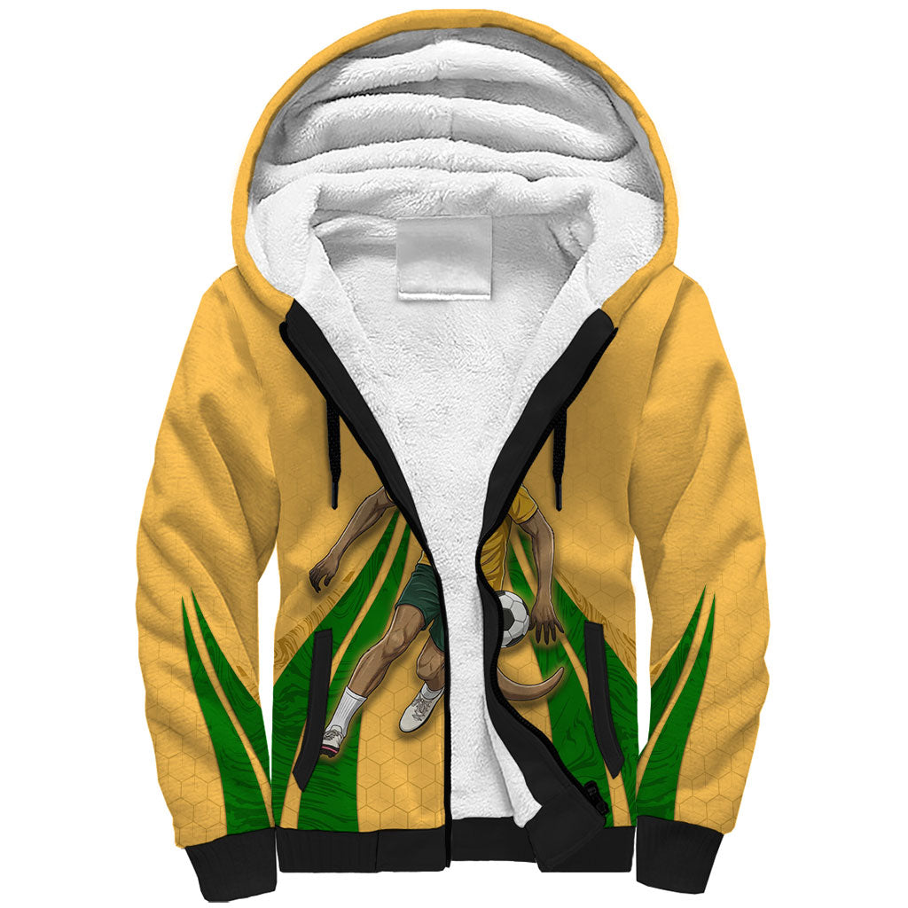 Personalized Australia Soccer Kangaroo Sherpa Hoodie Gold Green Aussie Football Mascot Dynamic Sports Graphic