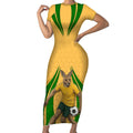 Personalized Australia Soccer Kangaroo Short Sleeve Bodycon Dress Gold Green Aussie Football Mascot Dynamic Sports Graphic