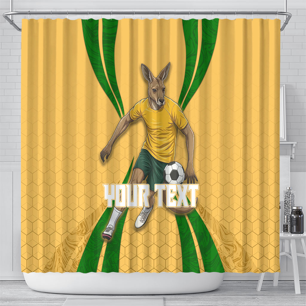 Personalized Australia Soccer Kangaroo Shower Curtain Gold Green Aussie Football Mascot Dynamic Sports Graphic