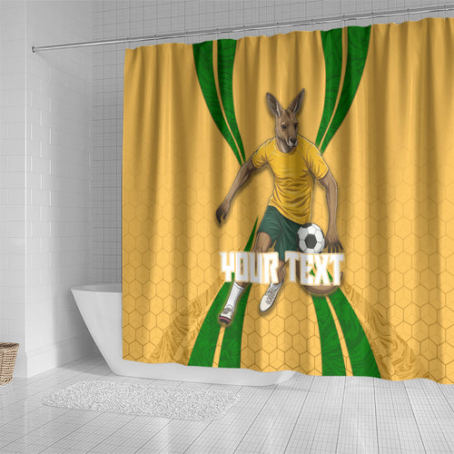 Personalized Australia Soccer Kangaroo Shower Curtain Gold Green Aussie Football Mascot Dynamic Sports Graphic
