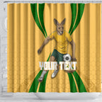 Personalized Australia Soccer Kangaroo Shower Curtain Gold Green Aussie Football Mascot Dynamic Sports Graphic