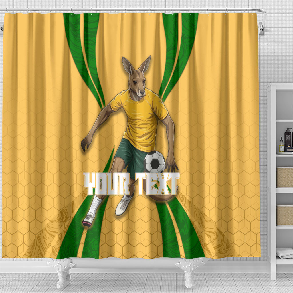 Personalized Australia Soccer Kangaroo Shower Curtain Gold Green Aussie Football Mascot Dynamic Sports Graphic