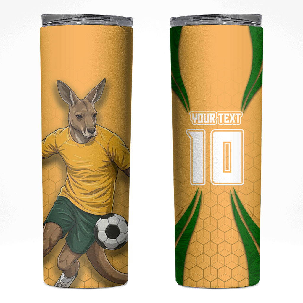 Personalized Australia Soccer Kangaroo Skinny Tumbler Gold Green Aussie Football Mascot Dynamic Sports Graphic