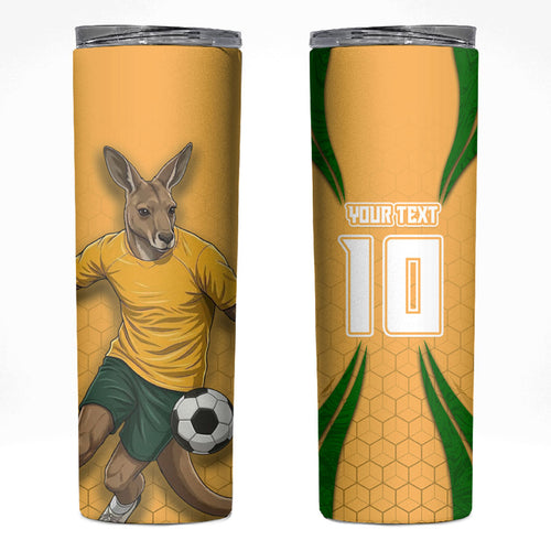 Personalized Australia Soccer Kangaroo Skinny Tumbler Gold Green Aussie Football Mascot Dynamic Sports Graphic