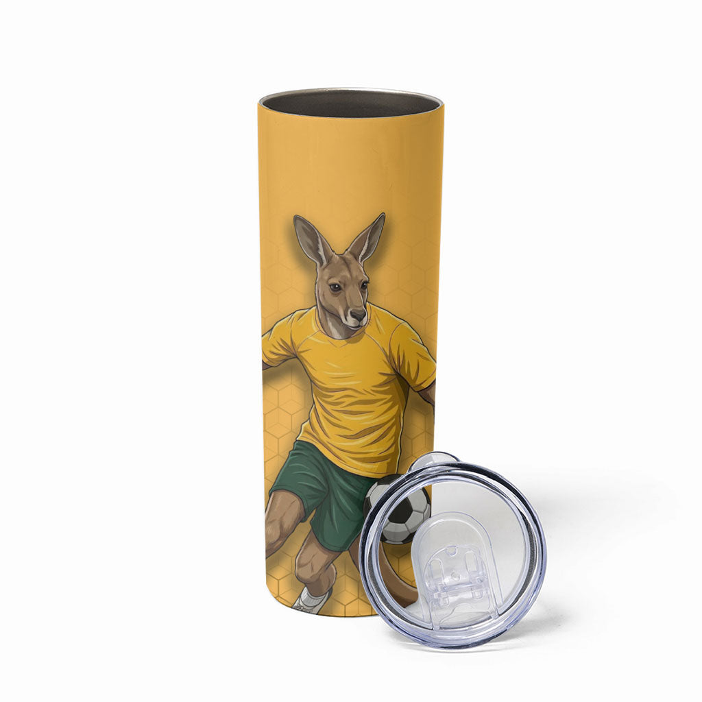Personalized Australia Soccer Kangaroo Skinny Tumbler Gold Green Aussie Football Mascot Dynamic Sports Graphic