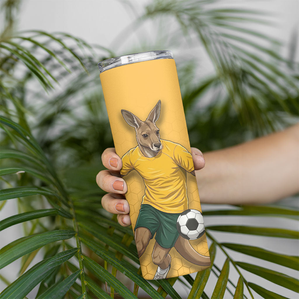 Personalized Australia Soccer Kangaroo Skinny Tumbler Gold Green Aussie Football Mascot Dynamic Sports Graphic