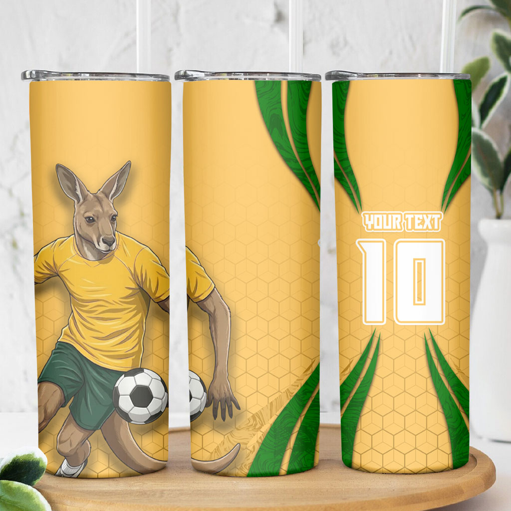Personalized Australia Soccer Kangaroo Skinny Tumbler Gold Green Aussie Football Mascot Dynamic Sports Graphic