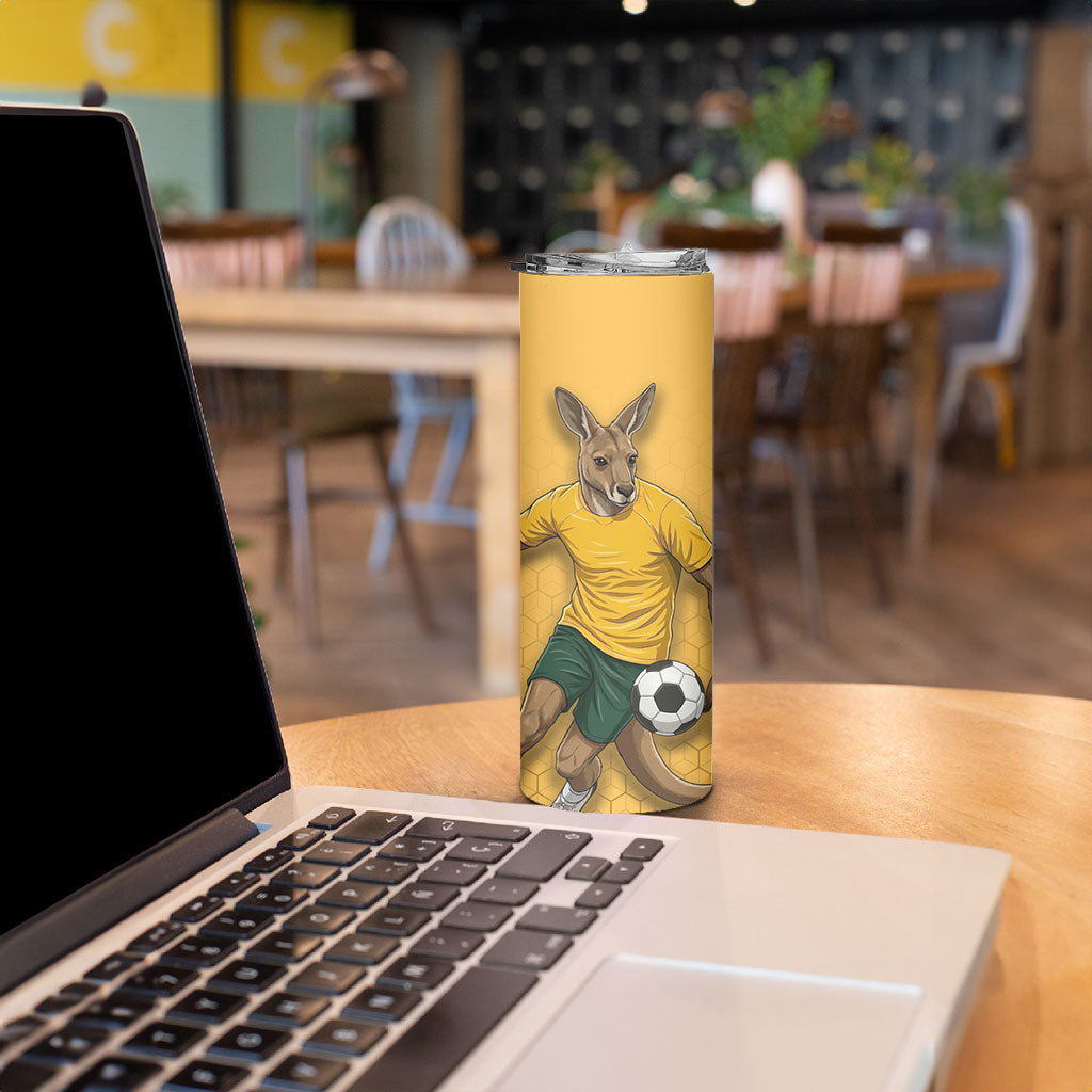 Personalized Australia Soccer Kangaroo Skinny Tumbler Gold Green Aussie Football Mascot Dynamic Sports Graphic