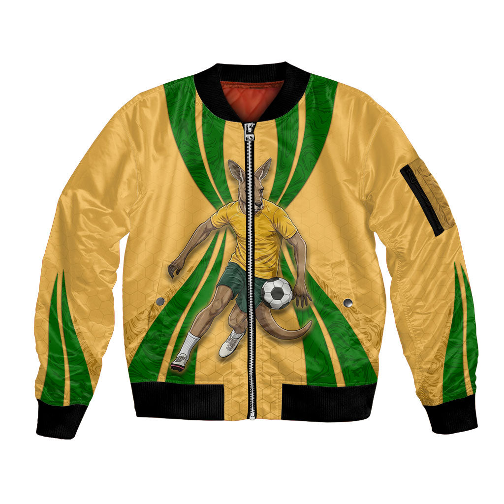 Personalized Australia Soccer Kangaroo Sleeve Zip Bomber Jacket Gold Green Aussie Football Mascot Dynamic Sports Graphic