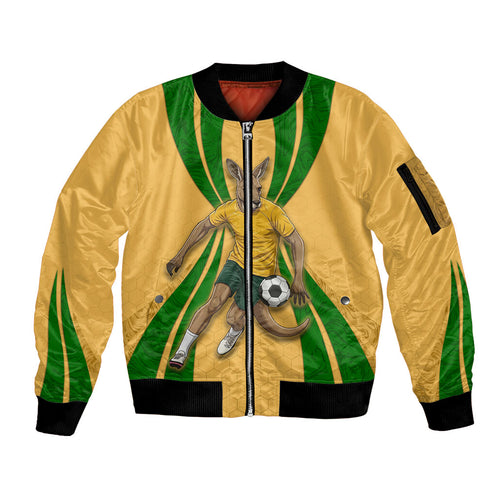 Personalized Australia Soccer Kangaroo Sleeve Zip Bomber Jacket Gold Green Aussie Football Mascot Dynamic Sports Graphic