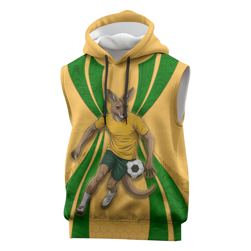Personalized Australia Soccer Kangaroo Sleeveless Hoodie Gold Green Aussie Football Mascot Dynamic Sports Graphic