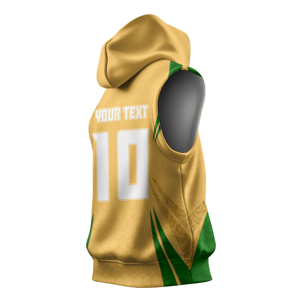 Personalized Australia Soccer Kangaroo Sleeveless Hoodie Gold Green Aussie Football Mascot Dynamic Sports Graphic
