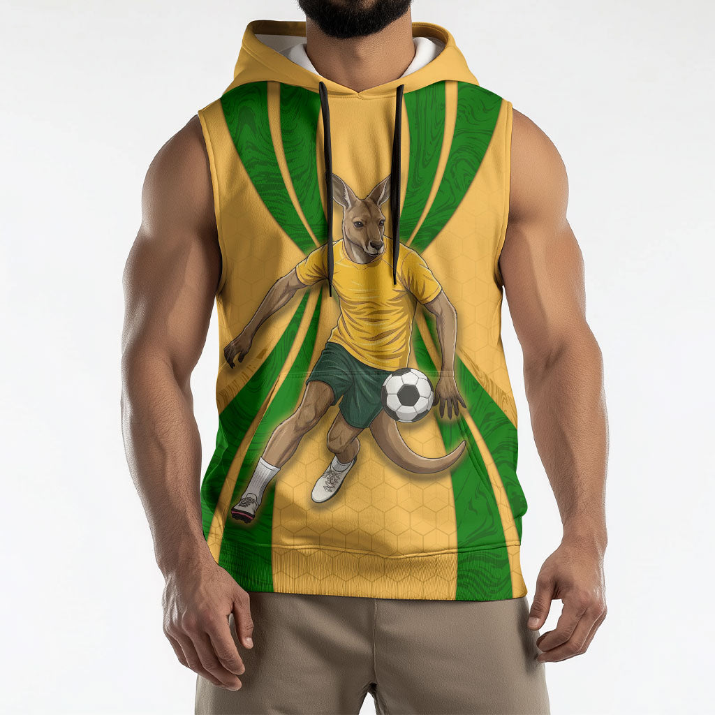 Personalized Australia Soccer Kangaroo Sleeveless Hoodie Gold Green Aussie Football Mascot Dynamic Sports Graphic