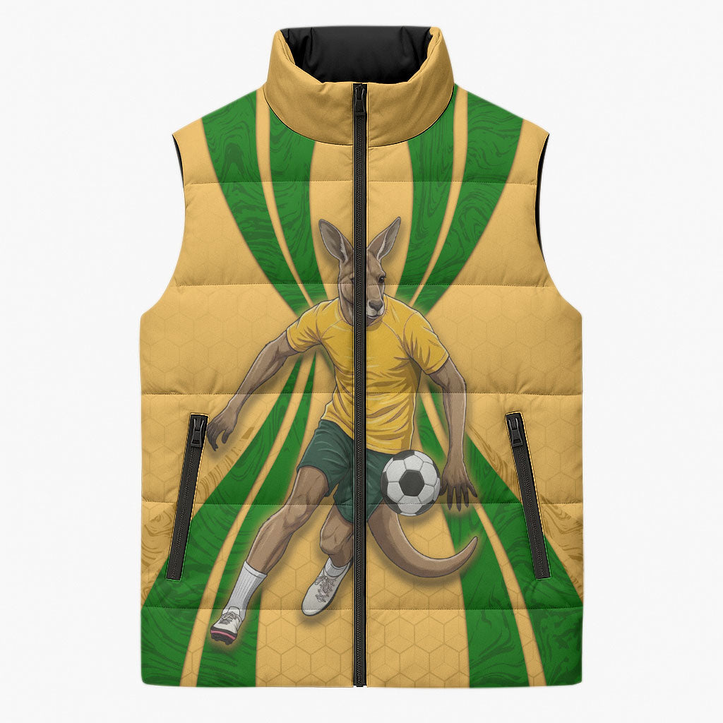 Personalized Australia Soccer Kangaroo Sleeveless Puffer Jacket Gold Green Aussie Football Mascot Dynamic Sports Graphic