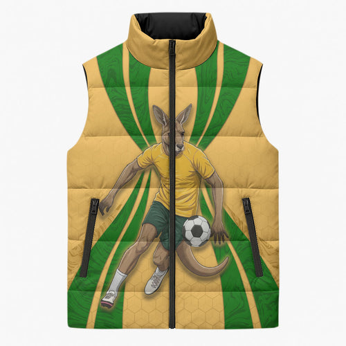 Personalized Australia Soccer Kangaroo Sleeveless Puffer Jacket Gold Green Aussie Football Mascot Dynamic Sports Graphic