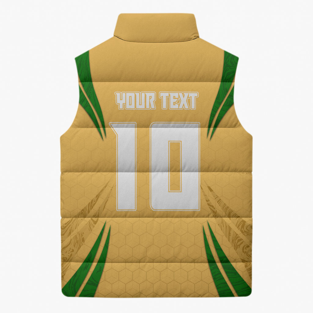 Personalized Australia Soccer Kangaroo Sleeveless Puffer Jacket Gold Green Aussie Football Mascot Dynamic Sports Graphic