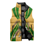 Personalized Australia Soccer Kangaroo Sleeveless Puffer Jacket Gold Green Aussie Football Mascot Dynamic Sports Graphic