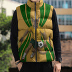 Personalized Australia Soccer Kangaroo Sleeveless Puffer Jacket Gold Green Aussie Football Mascot Dynamic Sports Graphic