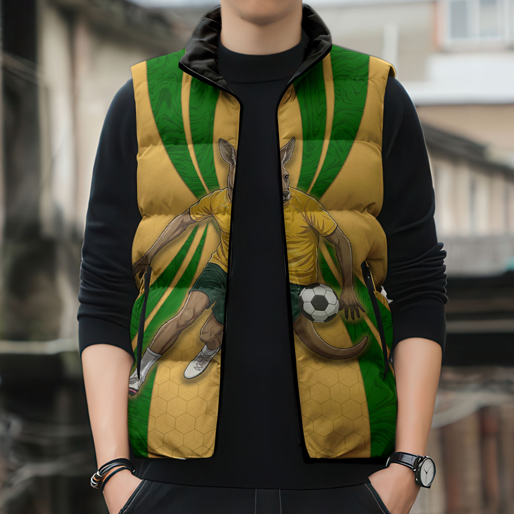 Personalized Australia Soccer Kangaroo Sleeveless Puffer Jacket Gold Green Aussie Football Mascot Dynamic Sports Graphic