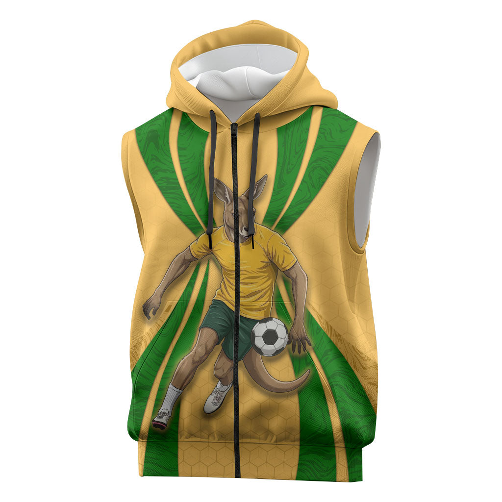 Personalized Australia Soccer Kangaroo Sleeveless Zip Hoodie Gold Green Aussie Football Mascot Dynamic Sports Graphic