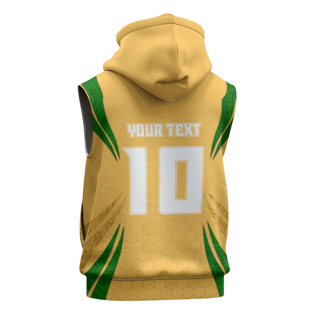 Personalized Australia Soccer Kangaroo Sleeveless Zip Hoodie Gold Green Aussie Football Mascot Dynamic Sports Graphic