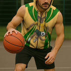 Personalized Australia Soccer Kangaroo Sleeveless Zip Hoodie Gold Green Aussie Football Mascot Dynamic Sports Graphic