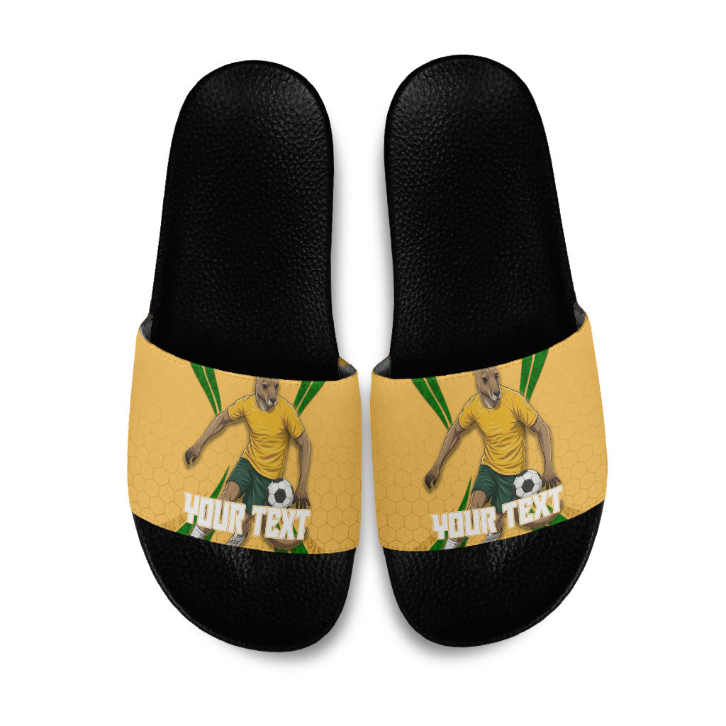 Personalized Australia Soccer Kangaroo Slide Sandals Gold Green Aussie Football Mascot Dynamic Sports Graphic