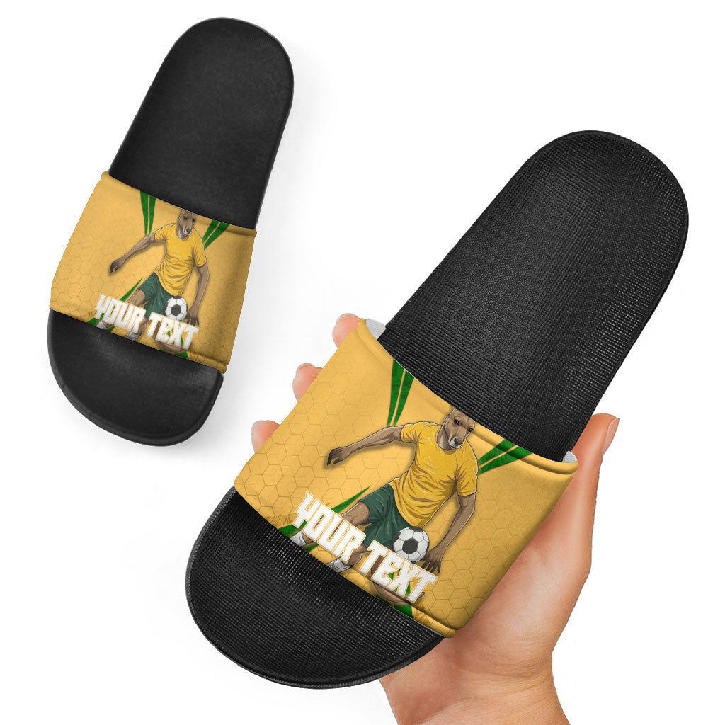 Personalized Australia Soccer Kangaroo Slide Sandals Gold Green Aussie Football Mascot Dynamic Sports Graphic
