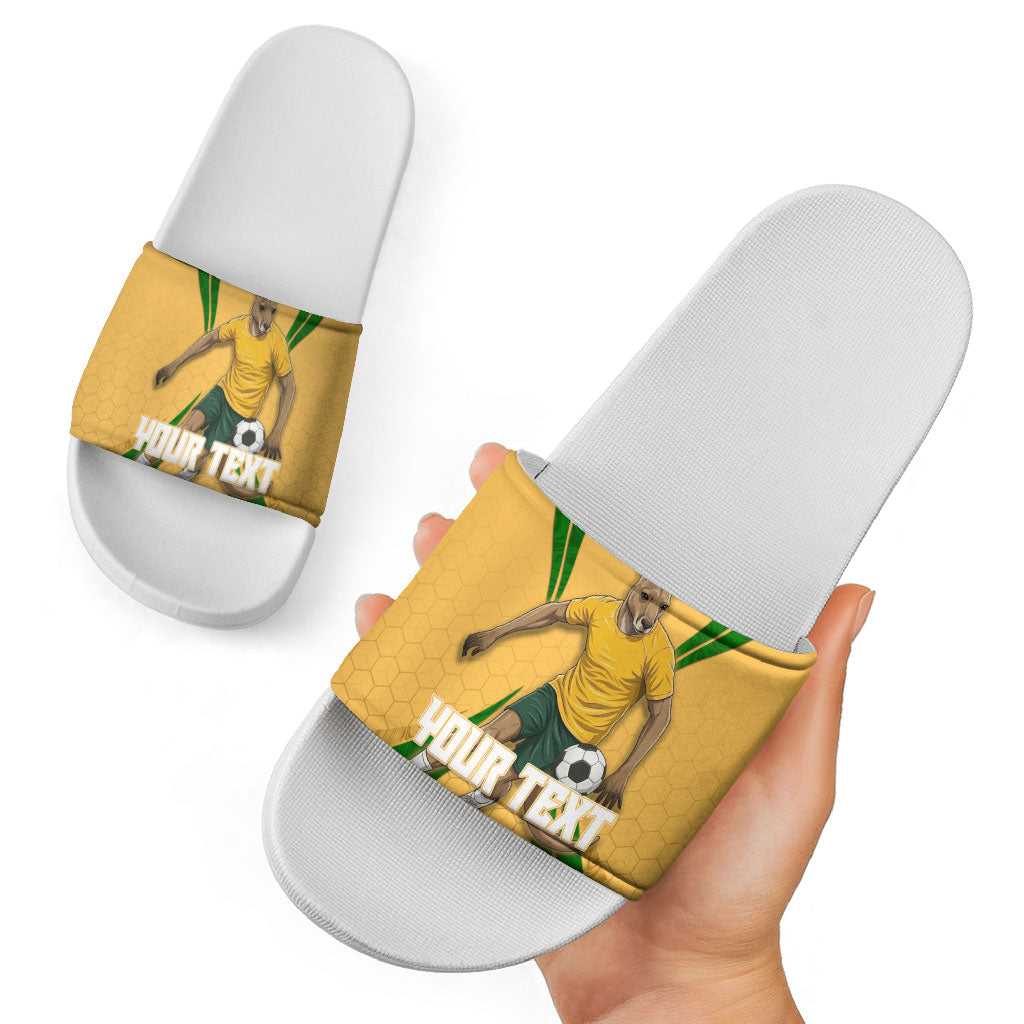 Personalized Australia Soccer Kangaroo Slide Sandals Gold Green Aussie Football Mascot Dynamic Sports Graphic