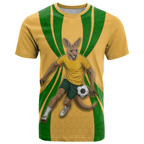 Personalized Australia Soccer Kangaroo T Shirt Gold Green Aussie Football Mascot Dynamic Sports Graphic