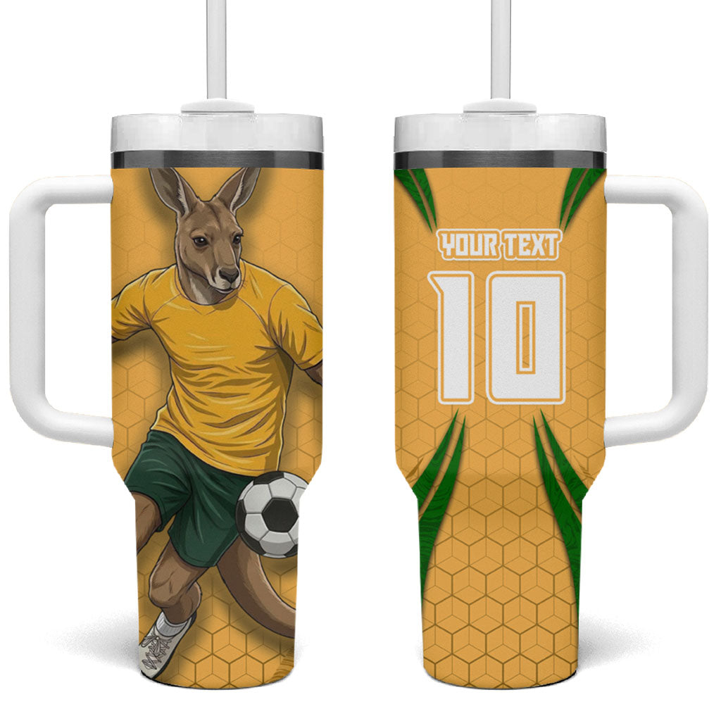 Personalized Australia Soccer Kangaroo Tumbler With Handle Gold Green Aussie Football Mascot Dynamic Sports Graphic