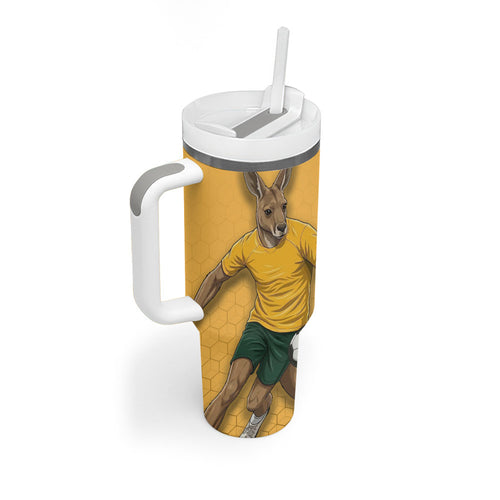 Personalized Australia Soccer Kangaroo Tumbler With Handle Gold Green Aussie Football Mascot Dynamic Sports Graphic